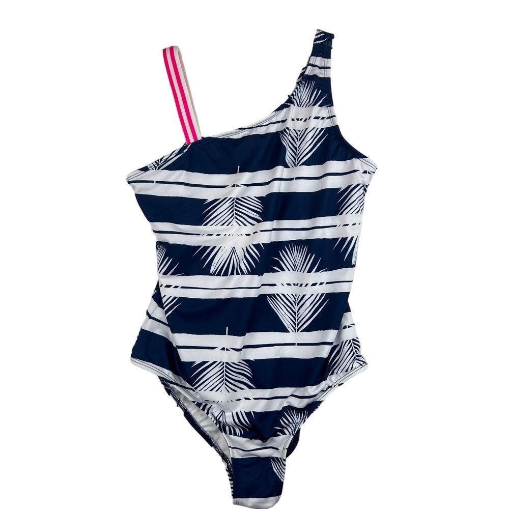 LANDS END Preppy Girls 1 Piece Navy Pink Palm Stripe‎ Swim Suit Size 12
